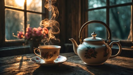 A steaming cup of tea with a teapot on a rustic wooden table near a window, sunlight shining through, creating a warm cozy atmosphere.