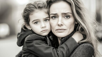 A worried mother holds her child tightly, both showing expressions of sadness and concern.