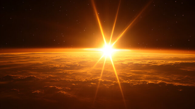 paisaje de el planeta al horizonte con el sol o una estrella resplandeciente saliendo en el cielo dentro del universo en el espacio exterior
