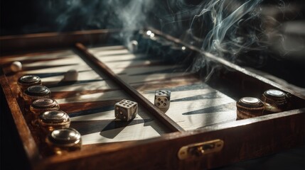 Obraz premium Backgammon game session with moving pieces and dice under warm light