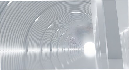White corrugated tunnel with reflective floor and bright light architecture interior