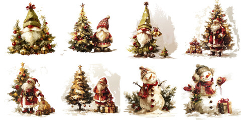 Christmas decorations featuring Santa Claus, snowman, and trees  