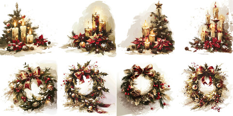 Christmas decorations with candles, wreaths, and festive elements  
