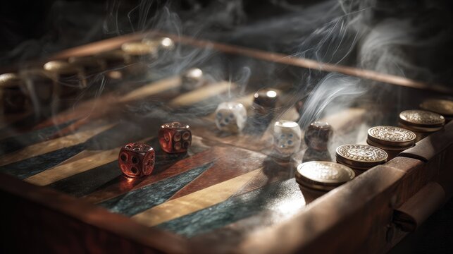 Exciting backgammon match in a dimly lit room with smoke swirling around