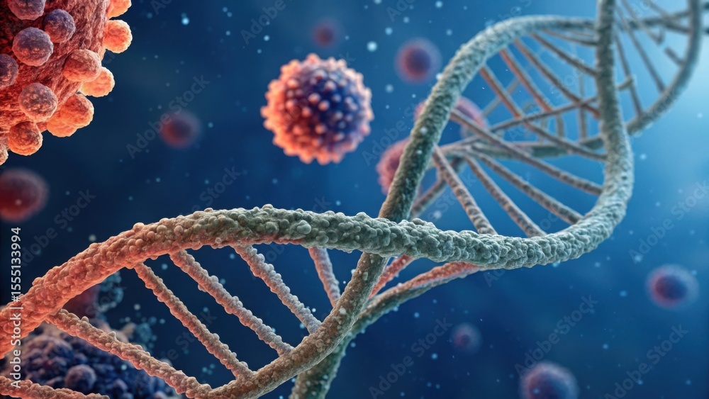 Poster detailed visualization of dna strand with cells and particles in focus