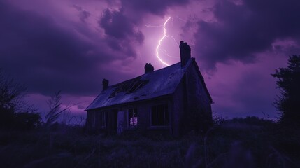 A haunting old house under a stormy sky with lightning strikes illuminating the scene, creating a spooky atmosphere at night.