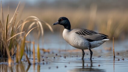 A goose standing in water among reeds in a wetland habitat.