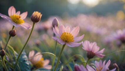 Colorful garden flowers with pink petals and yellow centers in natural sunlight. Botanical beauty and outdoor flora. The scene of vibrant blooming flowers.