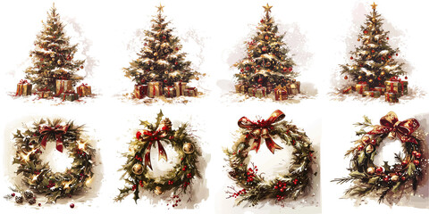 Christmas trees and wreaths in traditional style with festive decorations  