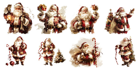 Santa Claus illustrations in various poses and holiday settings  