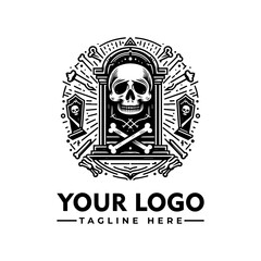 A stylized logo featuring a skull and archway, surrounded by bones and tombstones, in a circular design.
