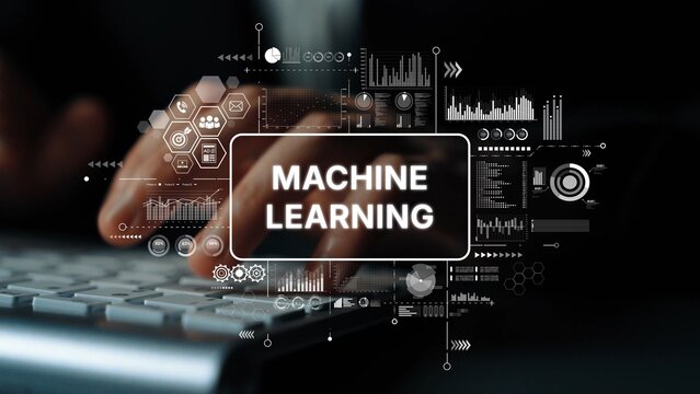 Hands Typing on Keyboard with Digital Graphics Representing Machine Learning Concepts and Data Analysis in Technology. Asymptotic smart data analytic.