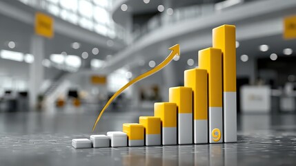 Ascending bar chart shows growth with arrow in front of a blurred modern office space