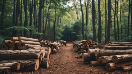 Lumber stacked along a forest trail with tall trees and dense greenery in the background. A pathway through the woods. Wooden logs prepared for processing.