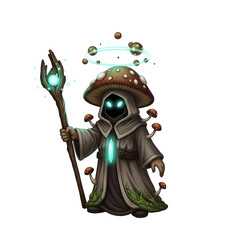 Fantasy figure with mushroom head and hooded cloak holding staff. Surrounded by a glowing halo and mushrooms. Transparent background, pixelated art style.