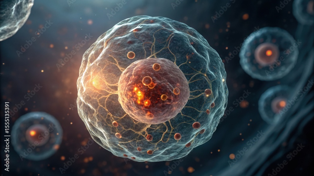 Poster Glowing Cell Structure with Nucleus and Detailed Internal Elements