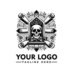Skull centered in a tombstone, surrounded by bones and skulls, forming a square graphic design.