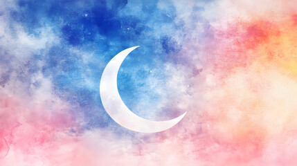 Fototapeta premium un diseño de una luna dibujada sobre un fondo de cielo con nubes de colores pintadas en acuarela coloridas diseño elegante abstracto con espacio de copia