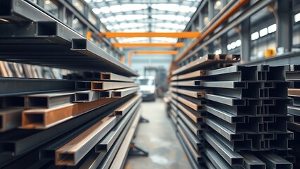Obraz premium Neatly arranged steel beams and construction materials in a workshop, showcasing industrial precision.
