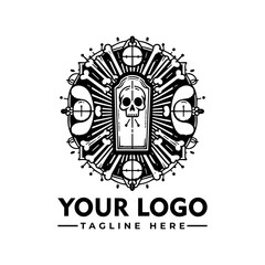Fototapeta premium Circular logo design featuring a skull and bones, surrounded by a mandala-like pattern.