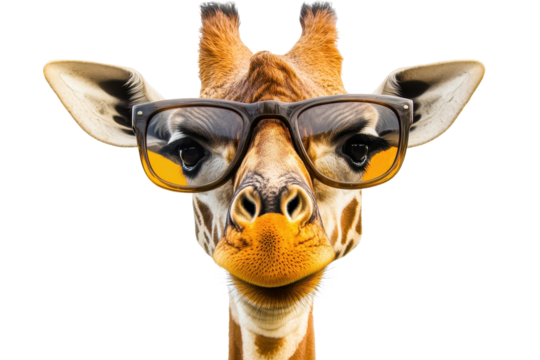 Giraffe wearing stylish glasses against a transparent background brings a fun and quirky appearance that appeals to animal lovers and photography enthusiasts alike