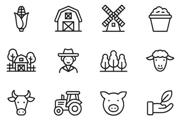 Farming, Agriculture, and Rural Life Line Icon Set