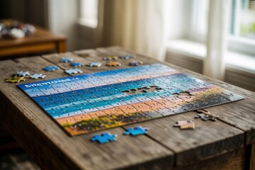 Fototapeta premium Jigsaw puzzle on a rustic wooden table depicting a beach scene with partially assembled pieces indoors