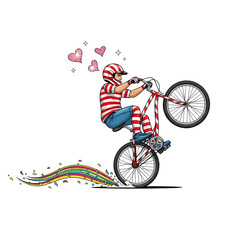 Pixelated illustration of a person performing a wheelie on a bicycle with a transparent background. The rider wears striped attire with heart and colorful trail effects.