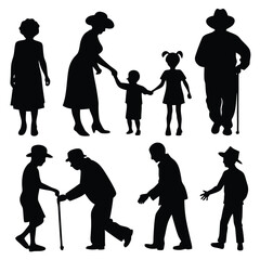 Silhouette Illustration of a Multi Generational Family Depicting Seniors Adults and Children in Various Poses on a White Background Representing Family Connections and Aging