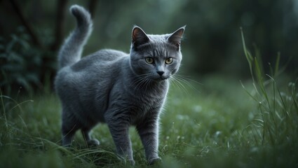 A gray cat outdoors in a garden with lush greenery and natural light.