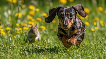 Dachshund chases squirrel in a vibrant flower-filled meadow on a sunny afternoon