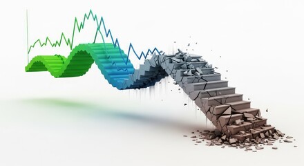 A green and blue line graph transforming into crumbling concrete stairs