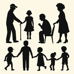 Silhouettes of Multiple Generations of a Family Together Including Grandparents Parents and Children Depicting Family Relationships and Generational Connections in a Simple Vector Illustration