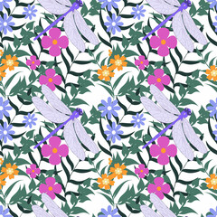Seamless floral pattern with dragonflies.
