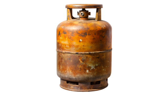 An aged orange gas cylinder stands against a black backdrop, revealing rust and weathering for industrial or resource-related projects.