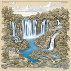 Blueprint Style Cutaway View of Niagara Falls: A Detailed Architectural Drawing