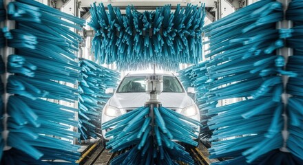 A white car is going through an automatic car wash with blue brushes on it