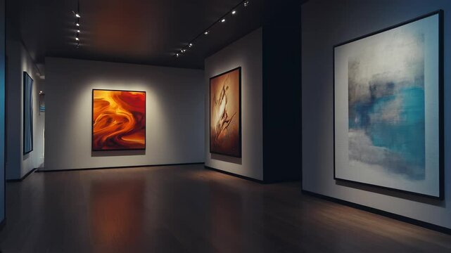 Modern art gallery with abstract paintings on display in dim lighting