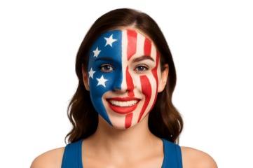 Patriotic American Woman with Flag Face Makeup for 4th of July Independence Day Celebration on Transparent Background PNG