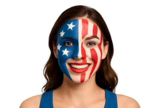 Patriotic American Woman with Flag Face Makeup for 4th of July Independence Day Celebration on Transparent Background PNG