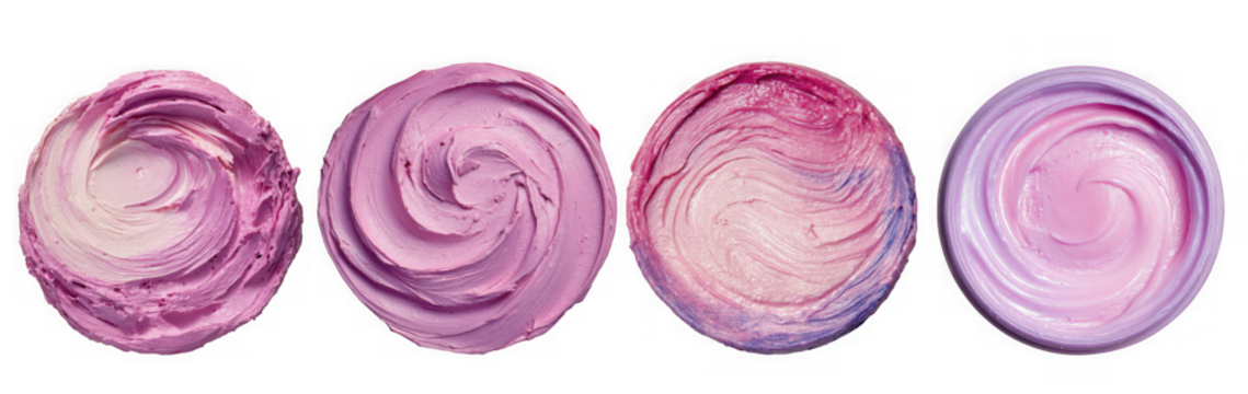 Four samples of luxurious purple and pink cosmetic creams, isolated on transparent background, showcasing their smooth and swirled textures
