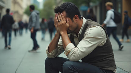 Latino Man Overwhelmed by Visibility Sitting on Curb Hands Over Eyes