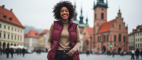 Mixed-Race Woman in Krakow Poland Wearing Puffer Vest Smiling