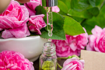 Rose essential oil in a bottle.essential oils.