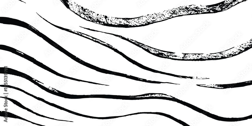 Poster Black flowing wave lines on white and transparent background. Wave line art pattern white backgrounds drawing. Black and white waves. Modern vector background. Stylish texture with wavy stripes lines.