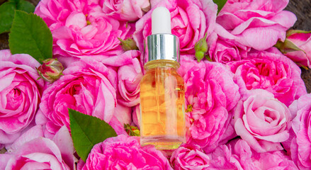 Rose essential oil in a bottle.essential oils.