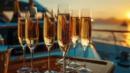 Close up of champagne flutes filled with bubbly on a yacht at sunset with a golden glow behind them