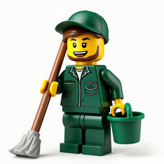 3D Emoji-Style Janitor in Dark Green Uniform Holding Mop Icon