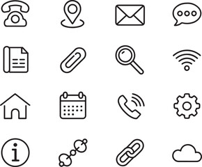 Clean and Minimalist Icon Set for User Interface Design Depicting Common Functionalities and Actions on a White Background
