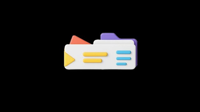 Digital folder icon expanding dynamically, revealing vibrant colors against dark background, representing modern graphic design element for interface presentations